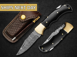 back lock folding knife Damascus steel  handmade outdoor knife with leather  - £32.99 GBP