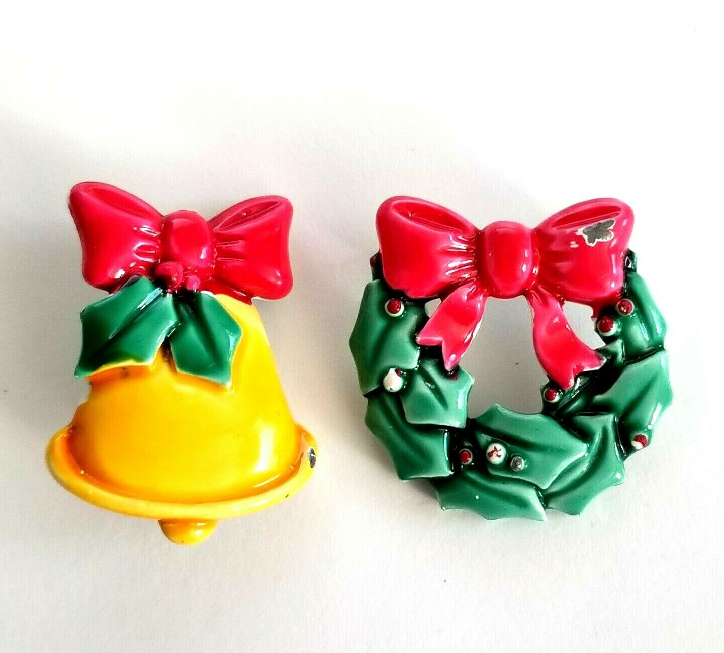 Primary image for Lot of 2 JJ Jonette Jewelry Painted Metal Christmas Brooch Pins Bell & Weath VTG