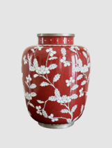 Vintage Chinese White Flowers on Red Cloisonne Jar or Vase - $297.00