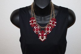Chunky Necklace Gold Toned Chain Red White Stones Rhinestone Statement 18&quot; - $20.00