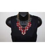 Chunky Necklace Gold Toned Chain Red White Stones Rhinestone Statement 18&quot; - €17,31 EUR