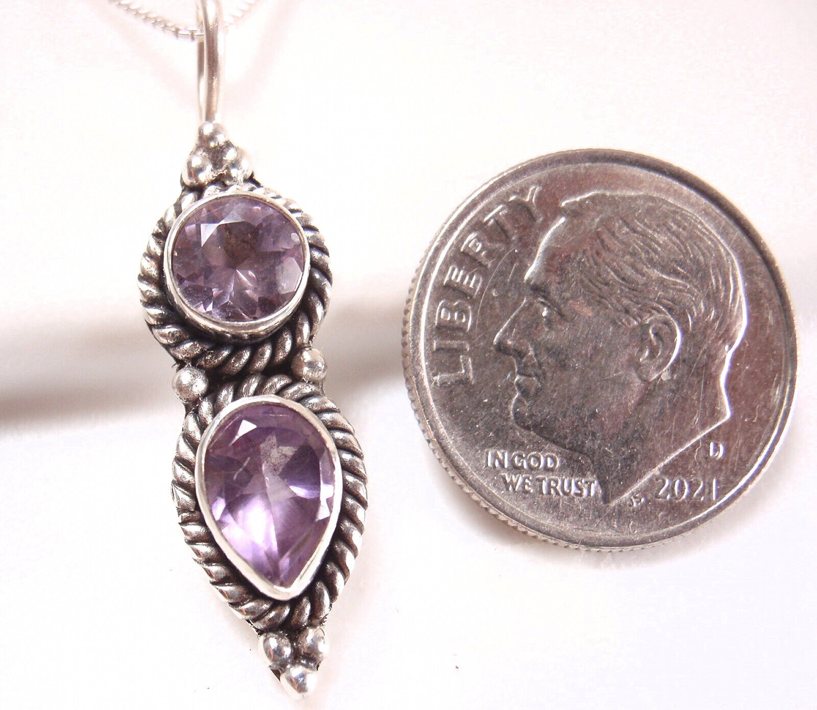 Faceted Amethyst 2-Gem 925 Sterling Silver Pendant with Rope Style Accents