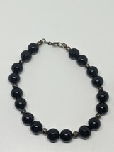 Vintage Sterling Silver 925 Black Onyx Bead Bracelet 7&quot; - £26.33 GBP