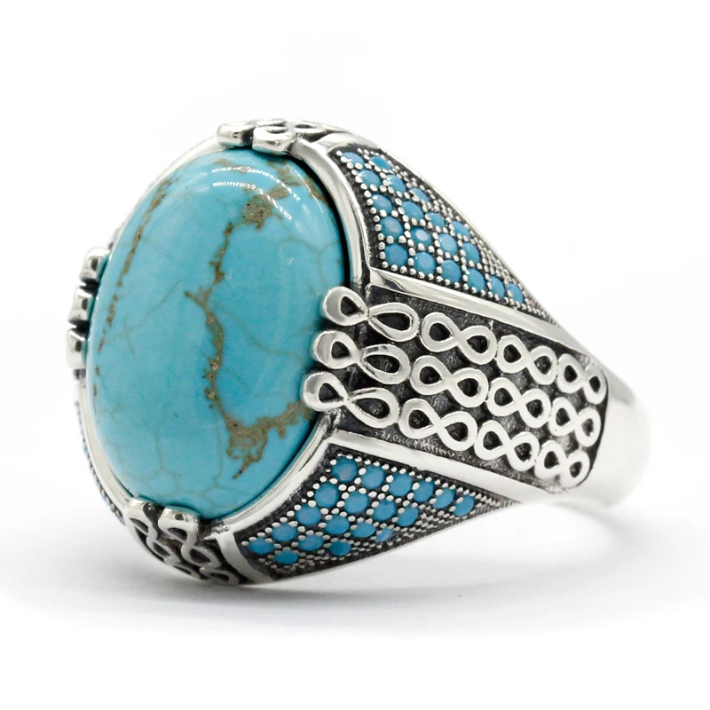Natural Turquoise Stone Ring For Men Solid 925 Silver Male Ring Chains Vintage P - £59.52 GBP