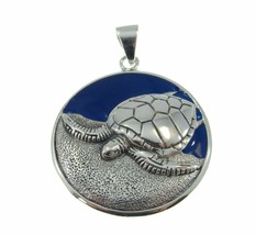 Handcrafted Solid 925 Sterling Silver Navy Enamel Turtle Pendant by Ted Andrews - £40.37 GBP