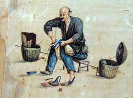 Incredible Chinese  Painting on silk of Cobbler Sandal Maker 19th century - $280.26