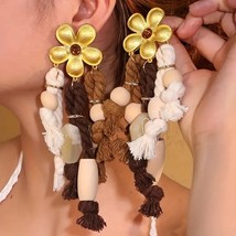 Boho-Chic Alloy Flower &amp; Tassel Earrings with Wooden Beads - Vintage Boh... - £10.82 GBP