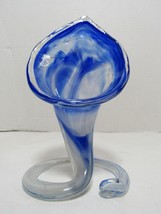 Vtg Handblown Stretch Art Glass Blue &amp; White Lily Swirl Vase 6-3/4&quot; - £23.91 GBP
