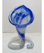 Vtg Handblown Stretch Art Glass Blue &amp; White Lily Swirl Vase 6-3/4&quot; - £23.59 GBP