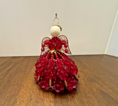 Red Safety Pin Beaded Doll Angel 3.5 Inch Red Garnet Christmas January Ornament - £9.50 GBP