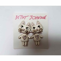 Betsy Johnson Cat Pierced Earrings Cat White Enamel Gold-Tone Body Moves  - $34.60