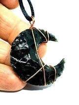 Obsidian Moon Necklace Pendant Copper Wire Wrapped Crystal Gemstone Protection  - £6.21 GBP