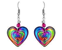 Rainbow Striped Heart Graphic Dangle Earrings - Unisex Fashion Handmade Jewelry  - £11.62 GBP