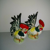 2 Roosters Chickens Birds Statue 6&quot; High Fern Importation Handpainted Japan Vint - £34.31 GBP