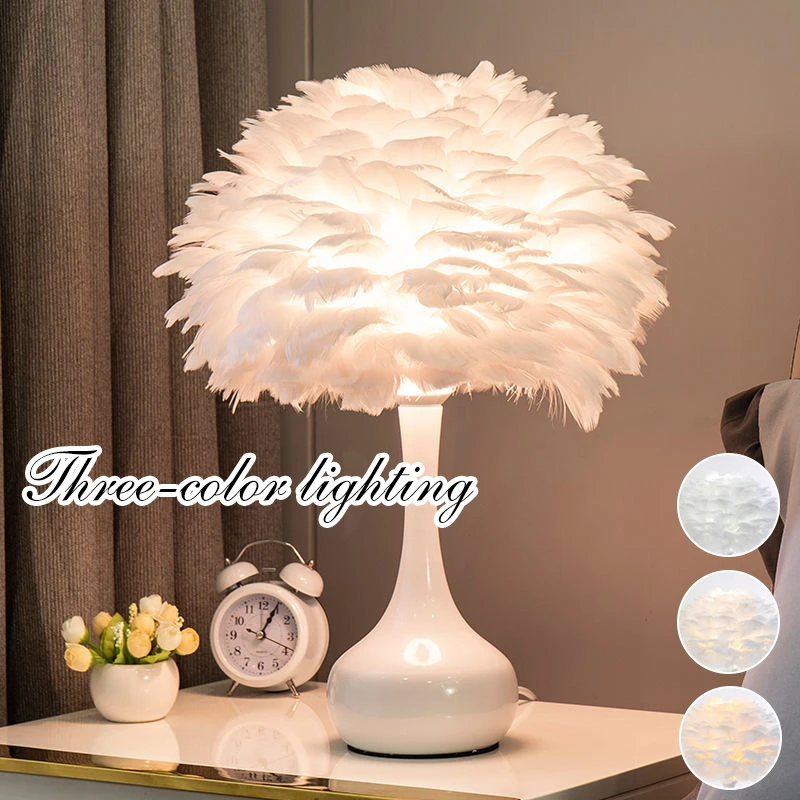 LED Feather Bedside Table Lamp Bedside Bedroom Desktop Nightstand Decora... - $20.29+