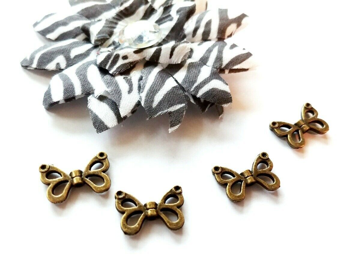 4 Angel Wing Beads Spacers Antiqued Bronze Metal 2 Sided Charms Butterfl... - $1.93