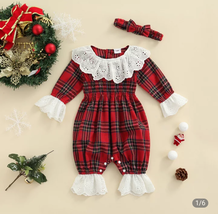 NEW Christmas Baby Girls Plaid Red Lace Ruffle Romper Jumpsuit - £7.01 GBP