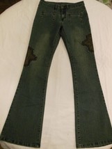 BC Flare Jeans 28 Faux leather pockets and patches W 28 I 33 R 9 - $22.76