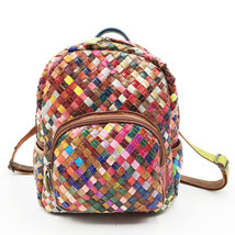 Women&#39;s Bag Genuine Leather Backpack Stitching Colorful Cowhide Hand-Woven Backp - £68.94 GBP