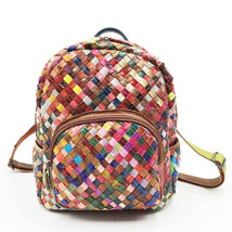 Women&#39;s Bag Genuine Leather Backpack Stitching Colorful Cowhide Hand-Woven Backp - £68.13 GBP