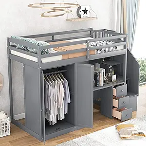 Twin Size Loft Bed With Stairs And Wardrobe, Wooden Bedframe W/Desk, Storage, Dr - £844.31 GBP