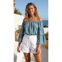 Women Top Unbranded Women Off Shoulder Tiered Sleeve Size Medium Teal - $9.40