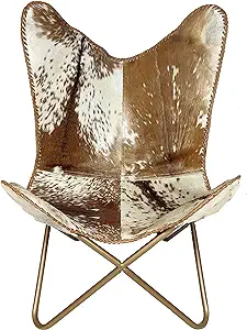 Brown &amp; White Hair On Leather Butterfly Chair - Living Room Arm Rest But... - $239.99