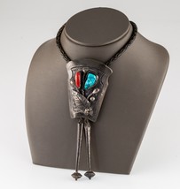 Sterling Silver Hand-Crafted Turquoise and Coral Bolo Tie Signed Bennett - £395.18 GBP