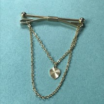 Vintage Thin Goldtone Collar Clip w Two Chains &amp; Etched Heart Charm – 2.5 x 2 an - £11.64 GBP