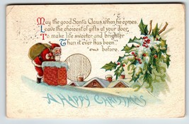 Santa Claus Christmas Postcard Roof Top Chimney Moon Holly Leaves Emboss... - £8.60 GBP