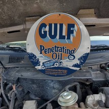 Vintage Gulf Refining Company Penetrating Oil Porcelain Gas &amp; Oil Pump Sign - £98.32 GBP