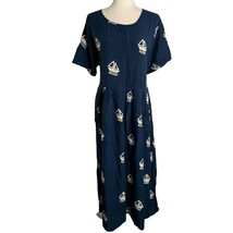 Vintage 90s Sailboat Maxi Dress L Blue Pockets Tie Waist Modest Short Sl... - £32.79 GBP