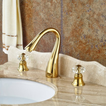 Gold PVD Widespread 3 pcs Bathroom Sink Faucet Crystal Knobs Basin Mixer Tap - £107.45 GBP