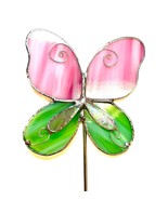 Pink and Green Butterfly Stained Glass Garden Art Stake - £35.30 GBP