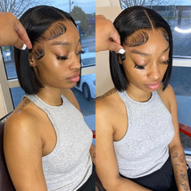 Lace Front Short Bob Wig Straight Natural Pre Plucked Closure Wig Brazilian Hair - £60.03 GBP+