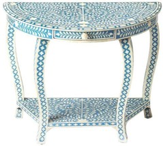 Console Table Demilune Blue Distressed Bone Inlay Meranti Resin 1 -Drawer - £1,855.01 GBP