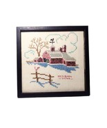 Vintage 70s Handmade Framed Cross Stitch on Linen Red Barn Winter Scene ... - £21.29 GBP