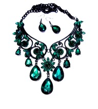 Green Statement Necklace, Gothic Rhinestone Necklace, Steampunk Pageant Jewelry, - £61.74 GBP