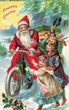 Children Run &amp; Santa Claus Riding BICYCLE-BOX Of TOYS~1910s Christmas Postcard - £11.95 GBP