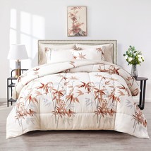7 Pieces Bed In A Bag Queen Comforter Set With Sheets, Burnt Orange Leaves On Wh - £72.89 GBP