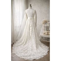 VTG 1960s 70s Ivory Lace Empire Waist Wedding Gown Prairie Train Veil - $469.95