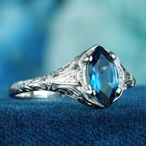 Natural Marquise London Blue Topaz Vintage Style Filigree Ring in Solid 9K White - £441.07 GBP