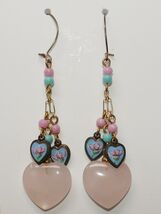 Lucy Isaacs Vintage Pink Quartz Heart Charm Turquoise Rose Dangle Earrings - $69.99