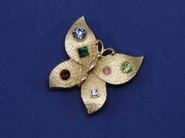 Vintage Gold Vermeil Butterfly Brooch Pin Multi-Color Rhinestones 1950s - $29.95