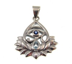 Solid 925 Sterling Silver Eye of Horus Lotus Flower Pendant With Blue Topaz - £56.81 GBP