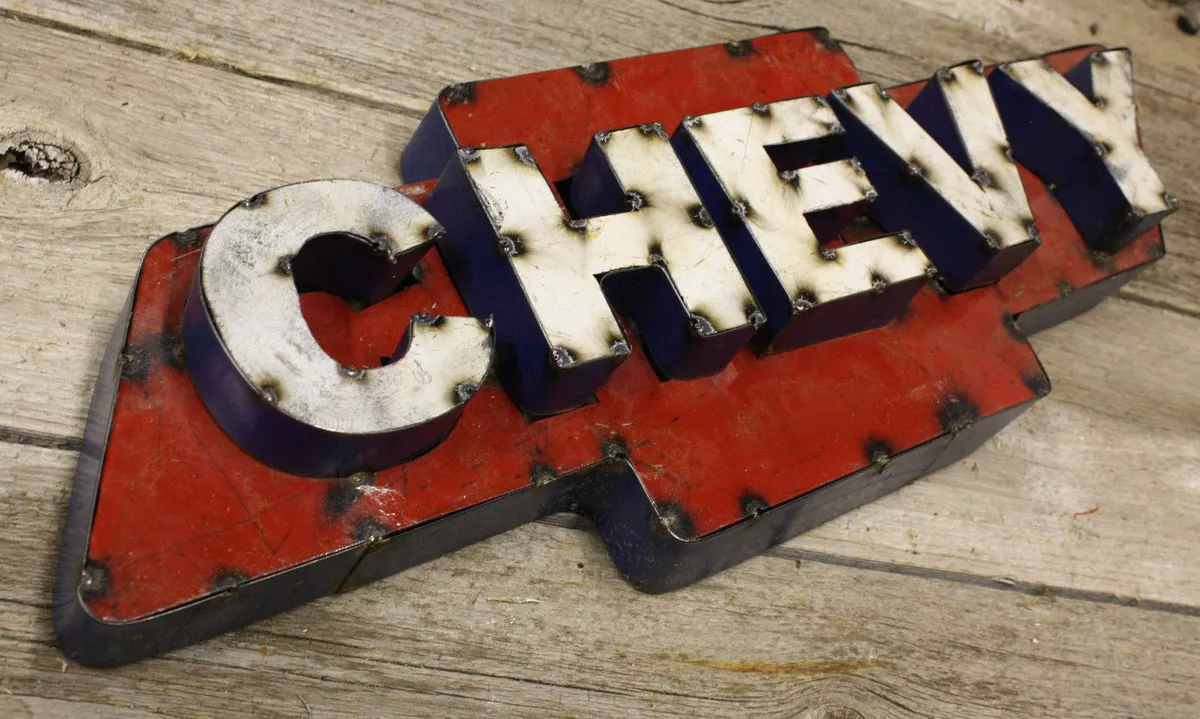 Recycled Tin Metal CHEVY Bow Tie Sign Gas Oil Garage Man Cave Home Decor - $68.37 CAD