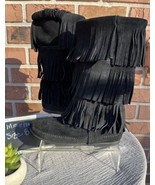 Minnetonka Black 3 Layer Suede Fringe Moccasin Tall Boots 1639 Women&#39;s s... - $82.06 CAD