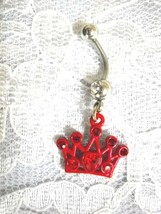 RED ENAMEL QUEEN OF LOVE HEART GEM CROWN w 14g CLEAR CZ STONE BELLY BUTT... - $4.99