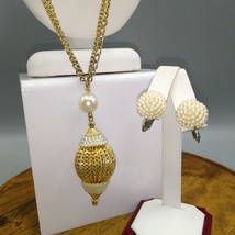 Fluted Filigree Ball Pendant Necklace and Matching Faux Pearl Clip On Ea... - $60.96