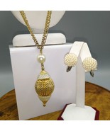 Fluted Filigree Ball Pendant Necklace and Matching Faux Pearl Clip On Ea... - £47.93 GBP